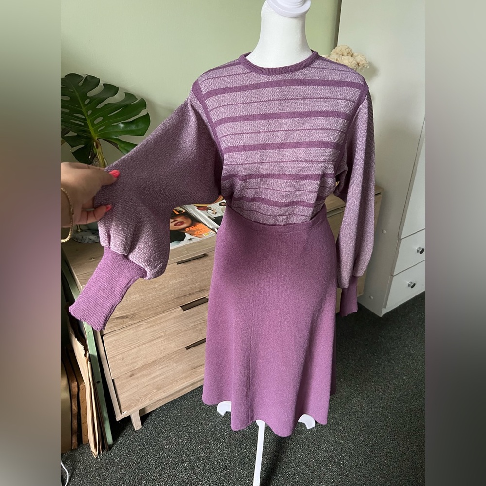 Vintage Pastel Purple Balloon Sleeve Striped Relaxed Fit Knit Modest Sweater M - Picture 3 of 16